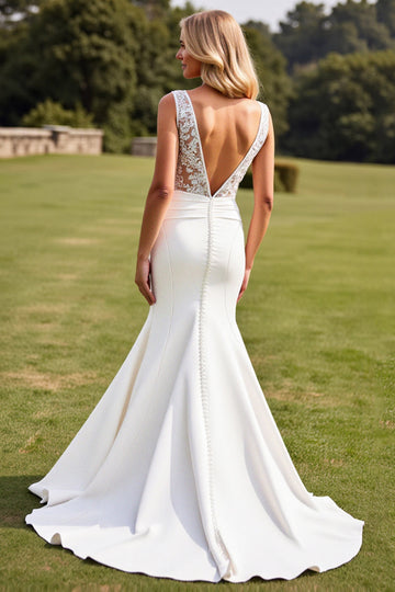 Mermaid Lace V Neck Ivory Long Wedding Dress